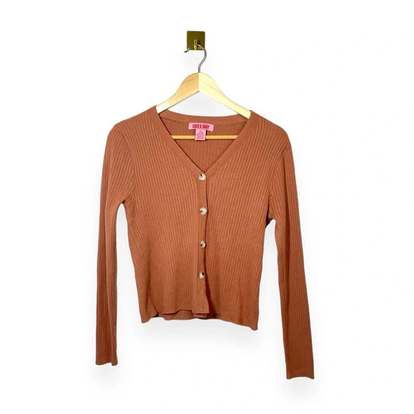 Coco & Shay Ribbed V-Neck Crop Cardigan Sweater in Brown Size XL - Picture 4 of 10